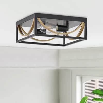Farmhouse 2-Light Black & Gold Square Flush Mount Ceiling Light Fixture