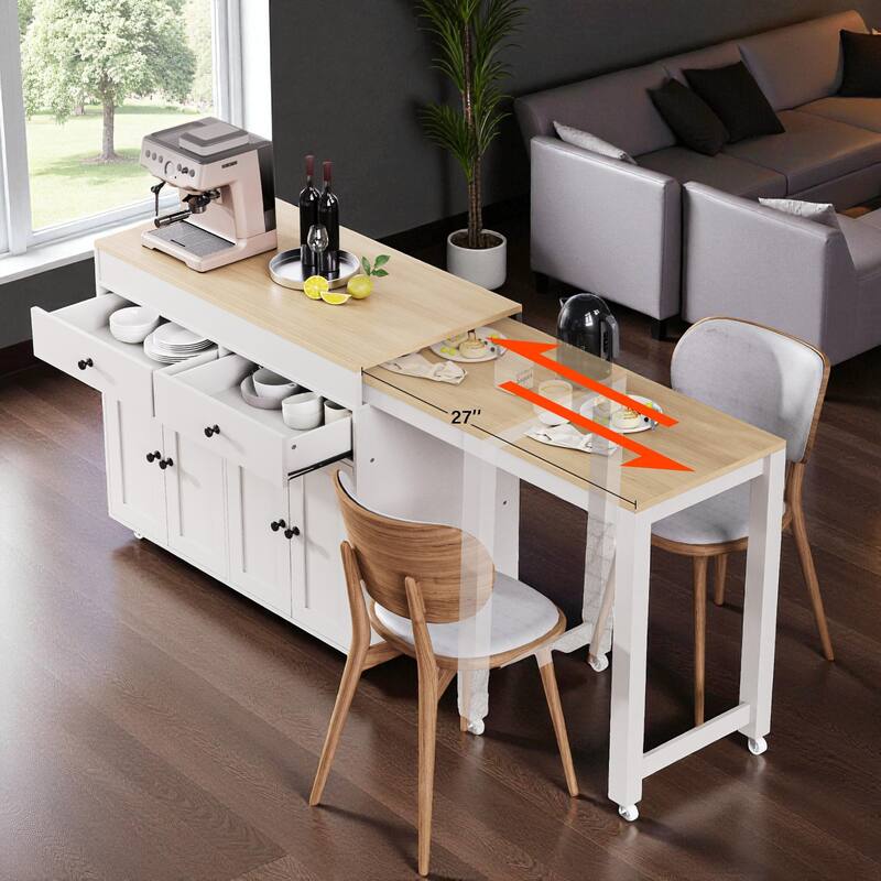 74.5" Extendable Kitchen Island with Dining Table, Rolling Storage Cart with 4 Doors, 2 Drawers, and Spice Rack