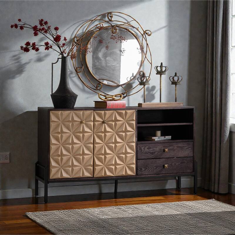 56.30" Mid-Century Modern Sideboard Cabinet with 3D Geometric Doors, Solid Wood & MDF Buffet Console Table