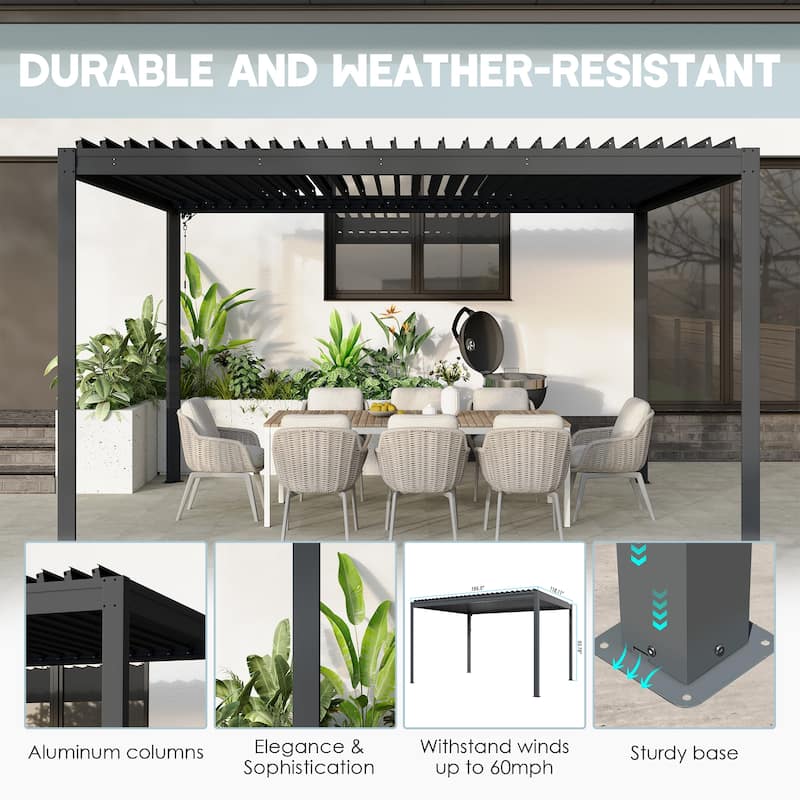 10X13FT Outdoor Aluminum Frame Louvered Pergola Gazebo with Adjustable Roof