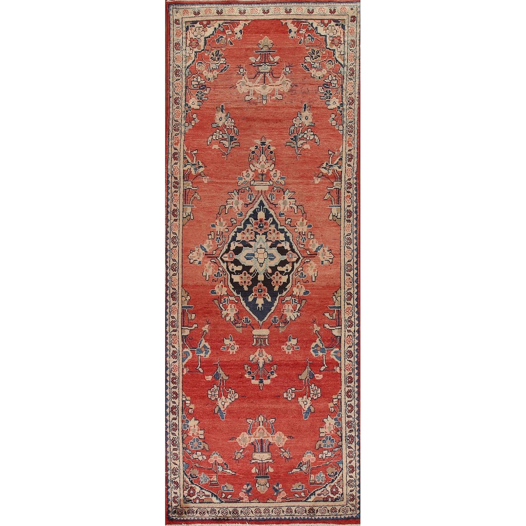 Hand Knotted Oriental 100% Wool Carpet Traditional Floral Red Mahal Runner Rug - 10' 3'' X 3' 4''