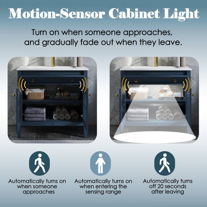 35.6-Inch Mid-Century Bathroom Vanity Sink with Patterned Glass & Motion-Sensor Light, Farmhouse Storage Vanity