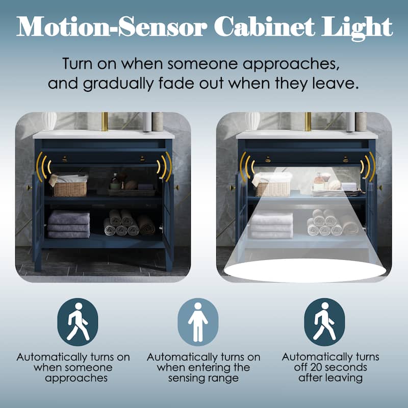 Modern Single Sink Bathroom Vanity Cabinet with Motion-sensor Light Strip & Patterned Glass, Ceramic Integrated Basin