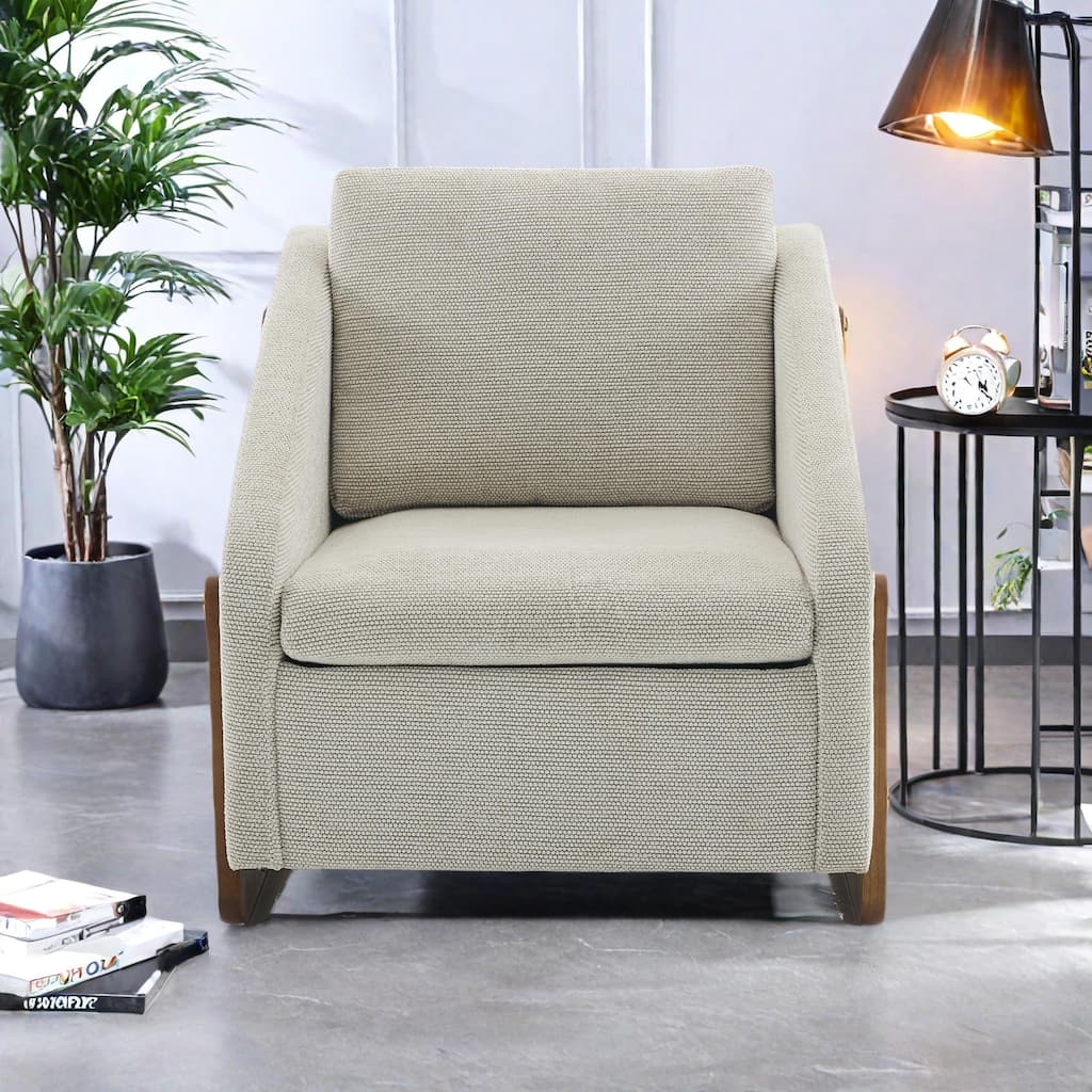 Chenille Fabric Modern Armchair with Wooden Side Frame, Cushioned Seat and Backrest, and Golden Nailhead Trim