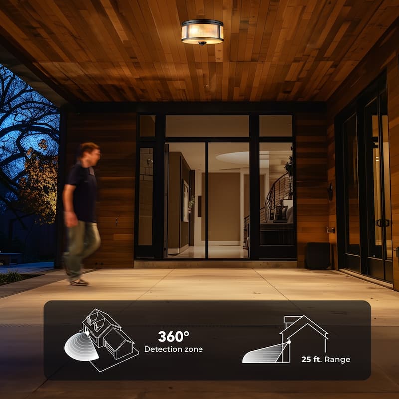 2-Light Matte Black Motion Activated Outdoor Flush Mount Ceiling Light with Ribbed Glass Shade and Frosted Glass Lens - 11"