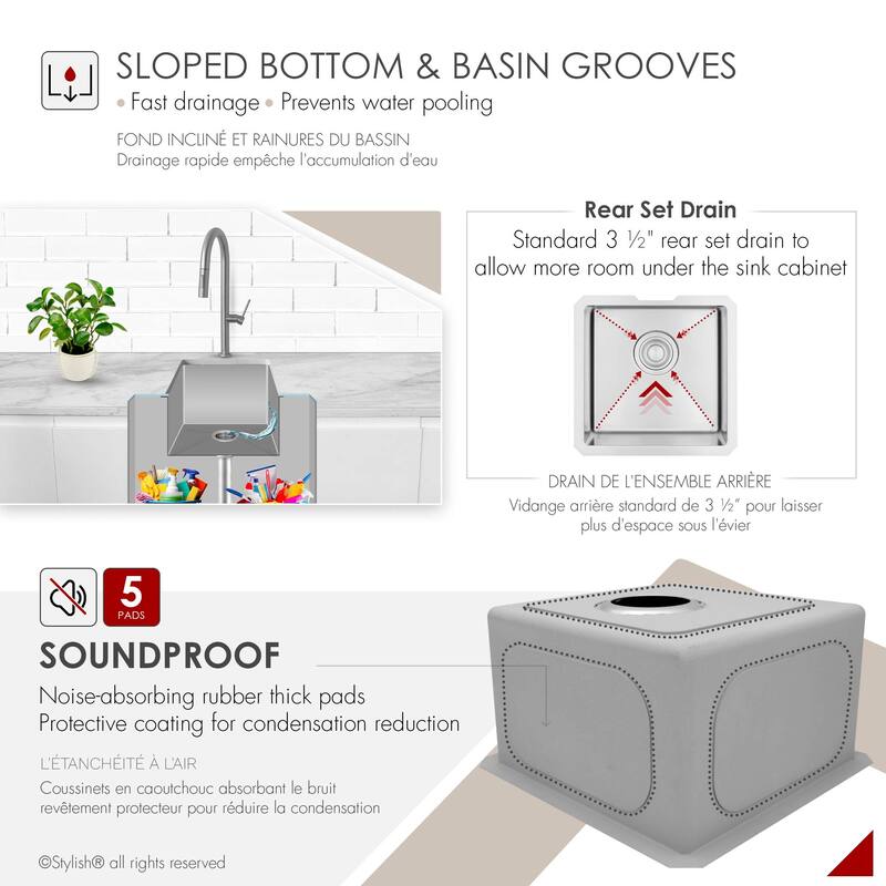 Stylish Undermount 15" Single-Bowl Stainless Steel Bar Sink S-317G - 15" x 15" x 8"