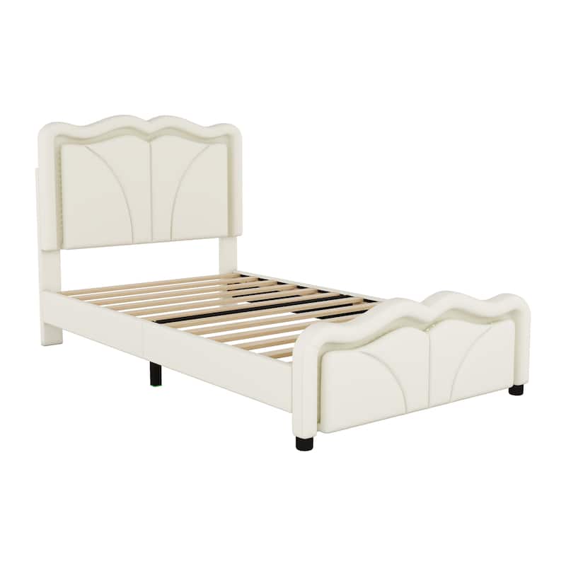 Bright White Twin Upholstered Platform Bed with Curve Headboard & LEDs!