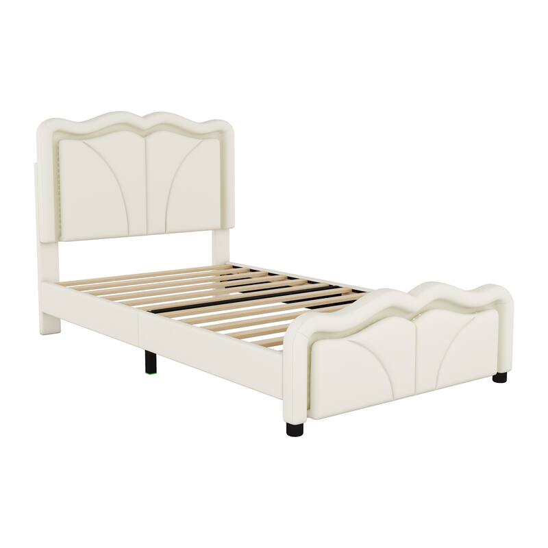 Twin Size Upholstered Platform Bed with Adjustable Headboard and LED Lights, White