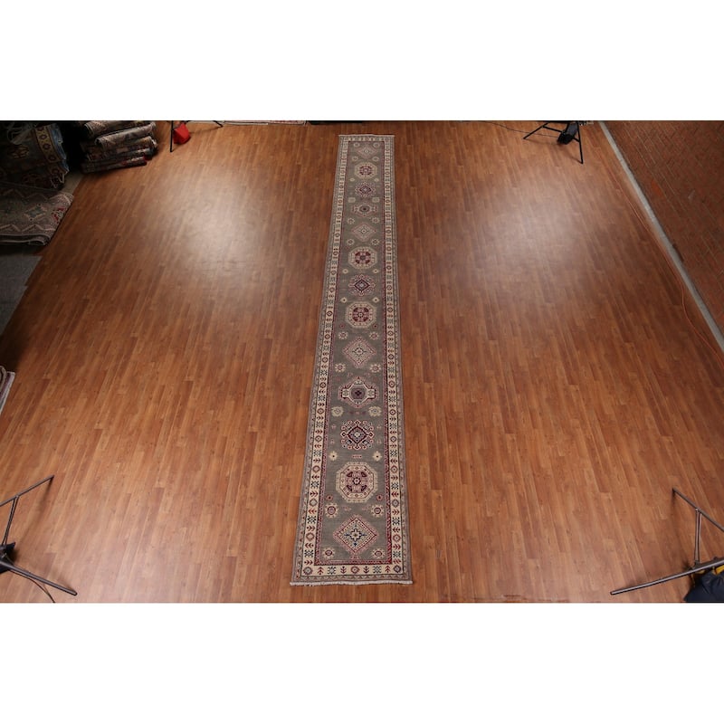 Gray Geometric Kazak Runner Rug Handmade Oriental Wool Carpet - 2'8" x 19'5"
