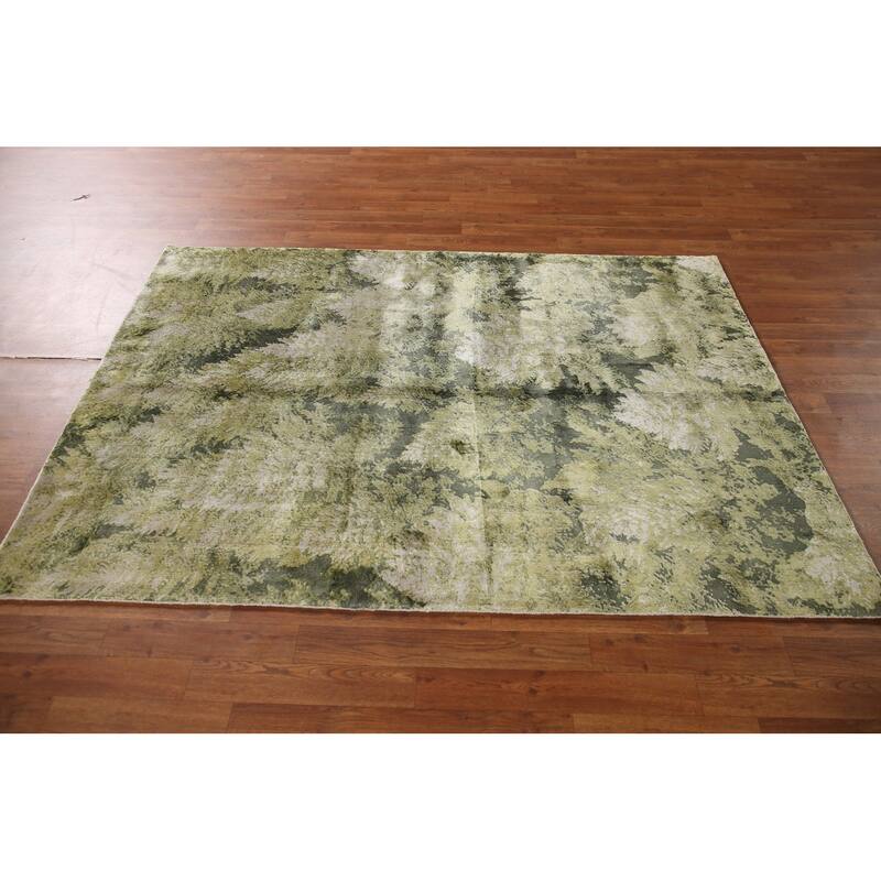 Green Modern Indian Abstract Rug Hand-Knotted Wool Carpet - 4'8"x 6'6"