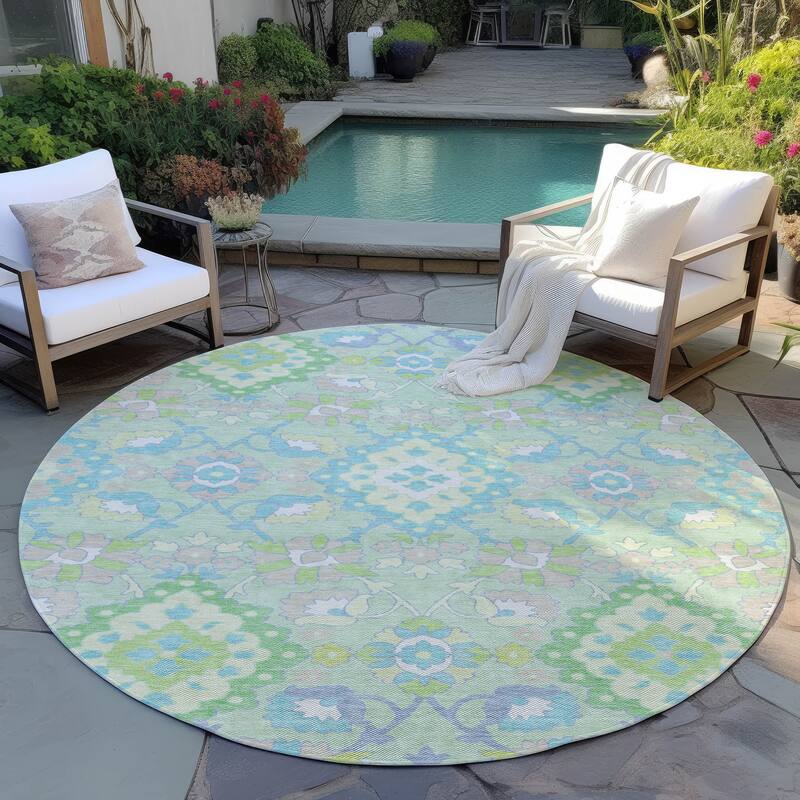 Machine Washable Indoor/ Outdoor Boho Traditional Chantille Rug - Mint - 8' x 8'