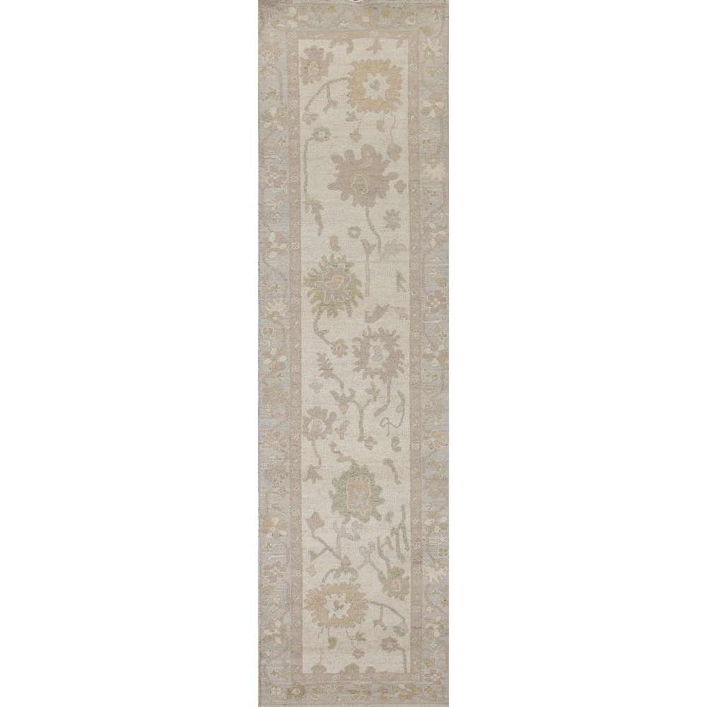 Hand Knotted Oriental 100% Wool Carpet Transitional All-Over Beige & Ivories Oushak Runner Rug - 11' 7'' X 2' 7''