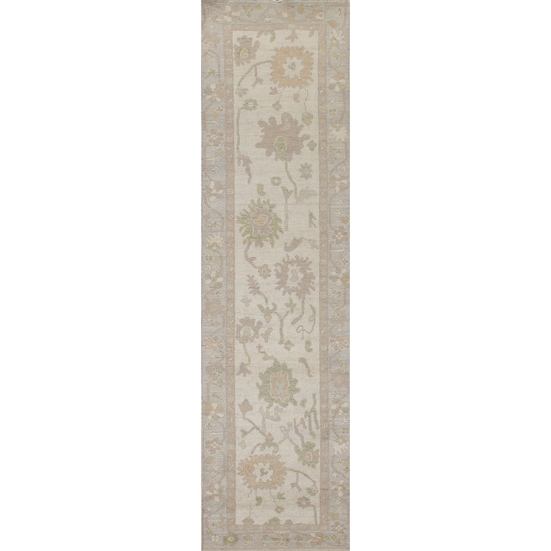 Hand Knotted Oriental 100% Wool Carpet Transitional All-Over Beige & Ivories Oushak Runner Rug - 11' 7'' X 2' 7''