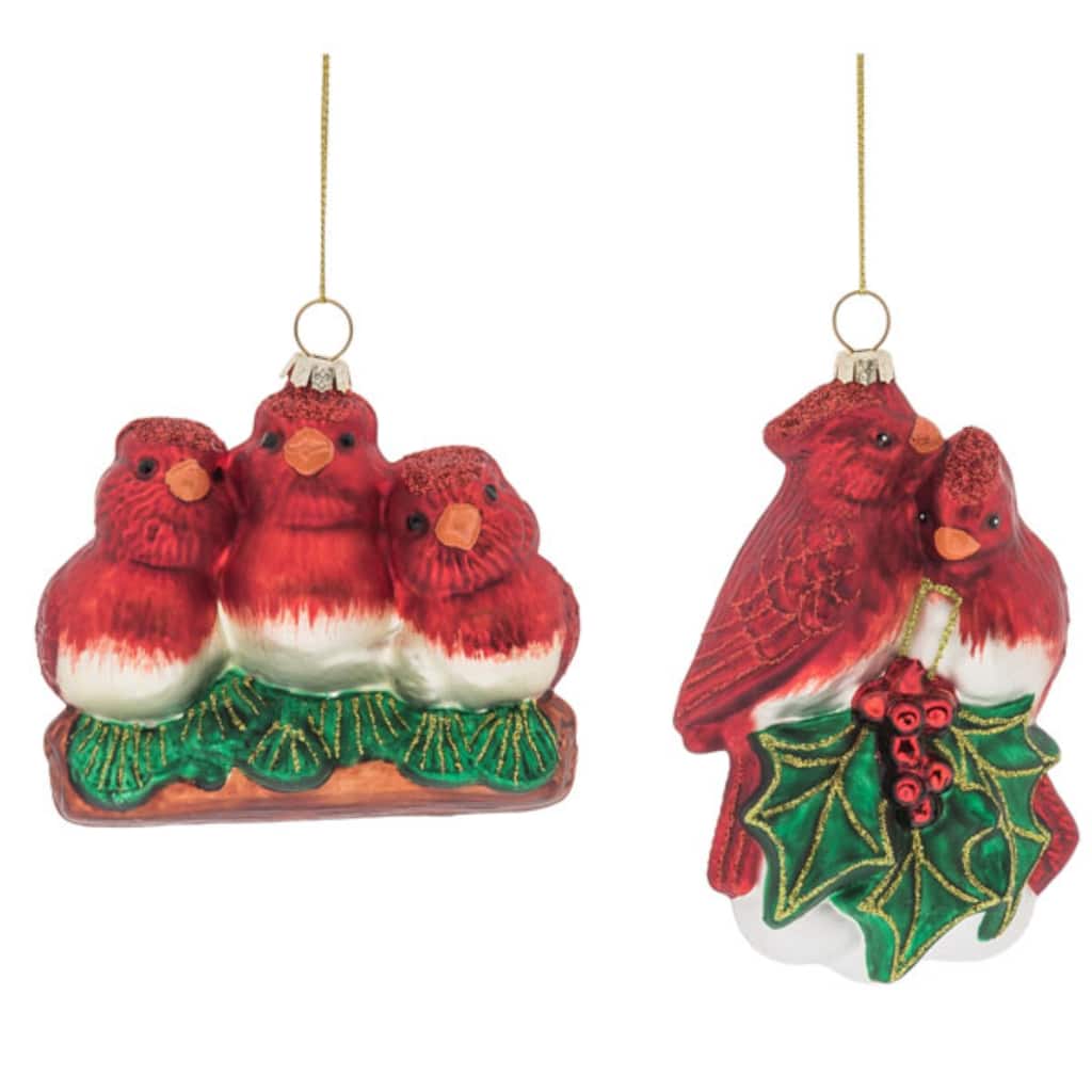 Transpac Glass Cardinal Family Ornament Set of 2 Christmas Home Decorations