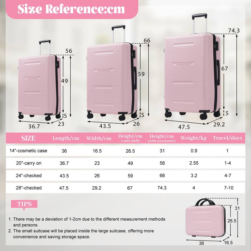6 Piece Luggage Set, with Double Spinner Wheels Handle Password Lock, 14 IN Cosmetic Case 20/24/28 IN Luggages with Bag