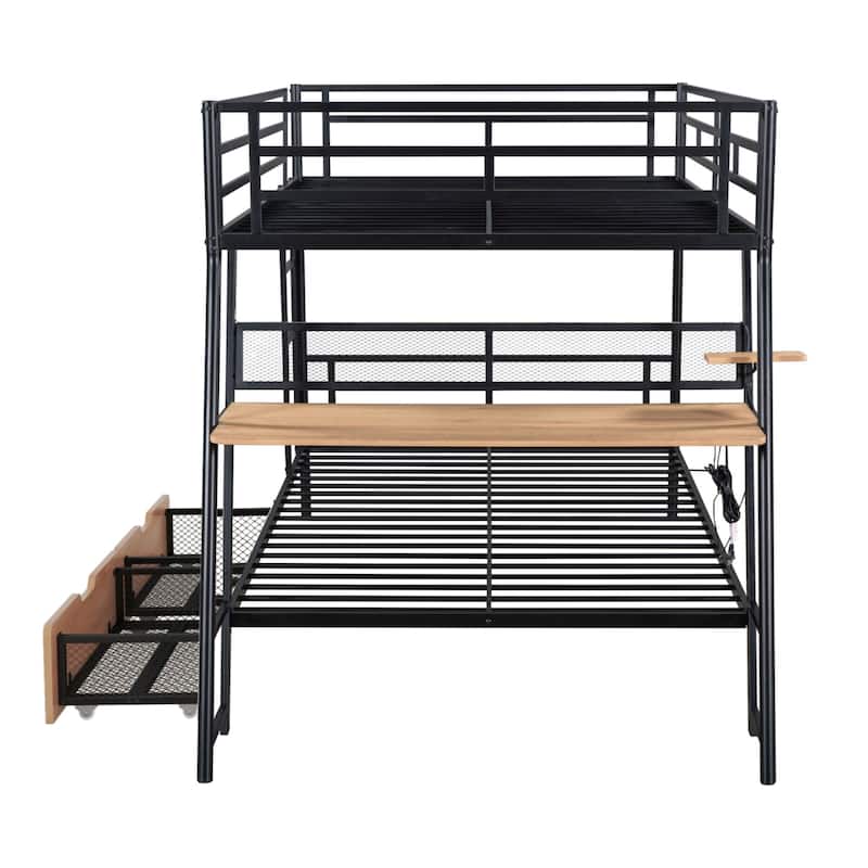 Roomfitters Full Metal Bunk Bed with Built-in Desk, Upper Guardrail and Compact Storage Unit, Black