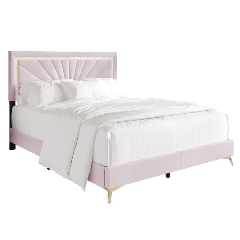 CraftPorch Luxurious Diamond Strip Velvet Upholstered Bed - Light Pink - King