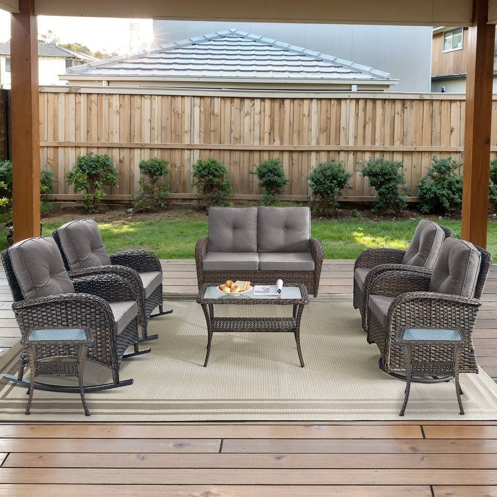 2 Rocking Glider and 2 Swivel Chairs, 1 Loveseat Glider with Coffee Table - Brown