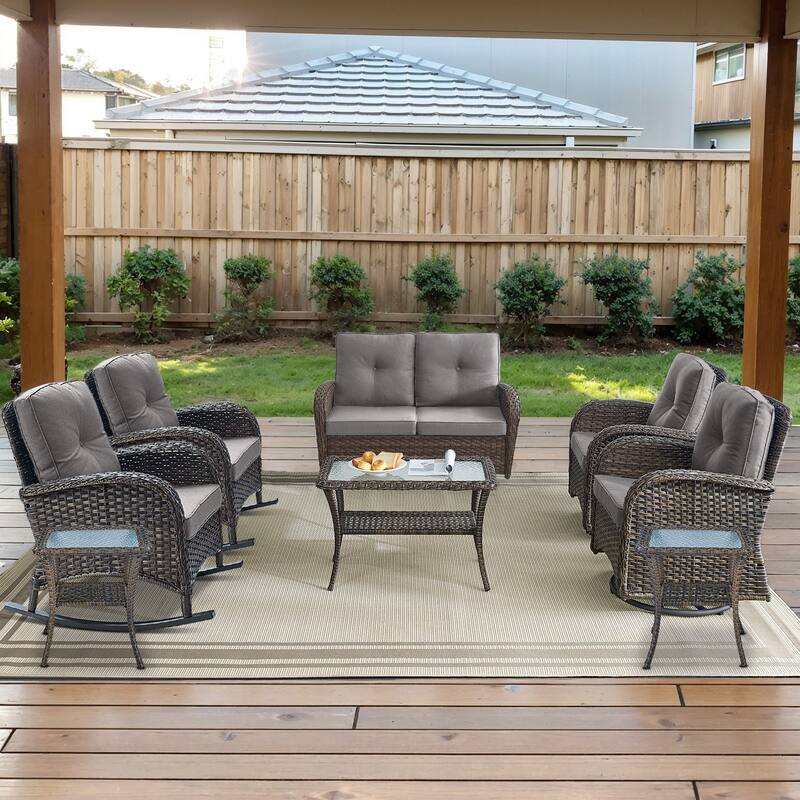 Gymojoy Outdoor Wicker Patio Furniture Loveseat Glider & Chair Set - Loveseat Set - Swivel Chairs & Rocking Chairs - Brown Wicker / Grey Cusion