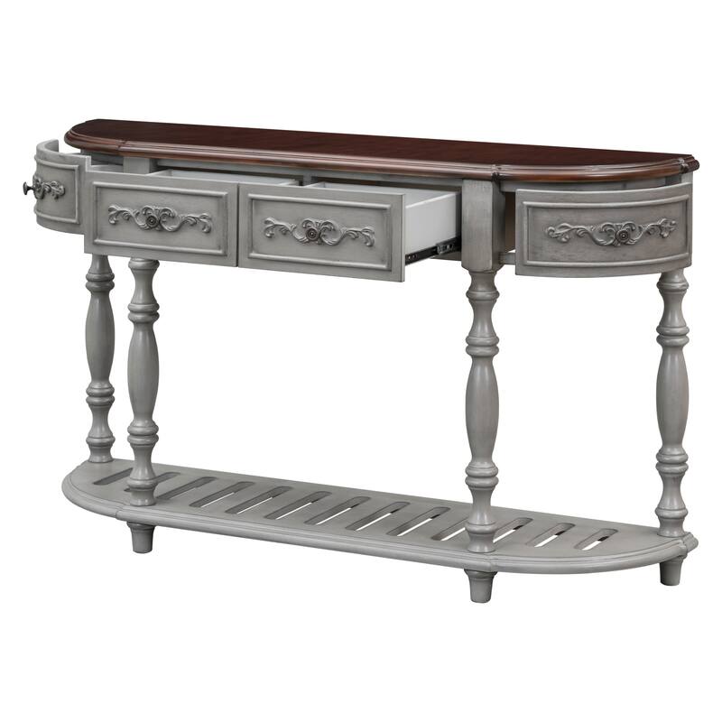Retro Curved Console Table Sofa Table with 4 Storage Drawers and Open Shelf, 52'' Wooden Entryway Table for Living Room