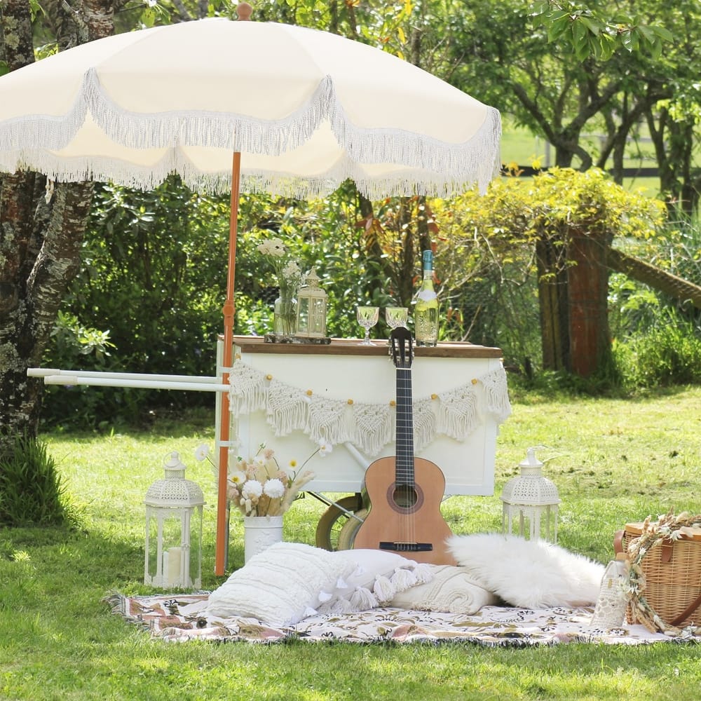 MAISON ARTS 7ft Patio Fringe Umbrella Outdor Tassel Beach Umbrella with Push Botton Tilt UPF50+