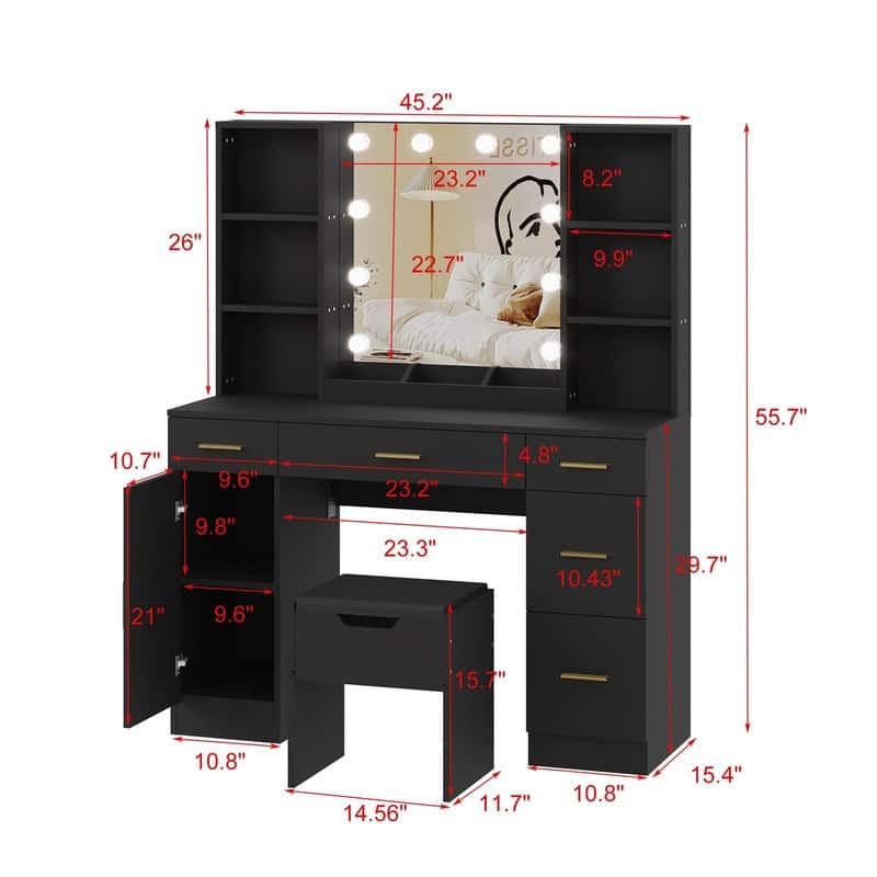 55.7" Dressing Table with LED Lights, Storage Shelves & Stool, Drawers