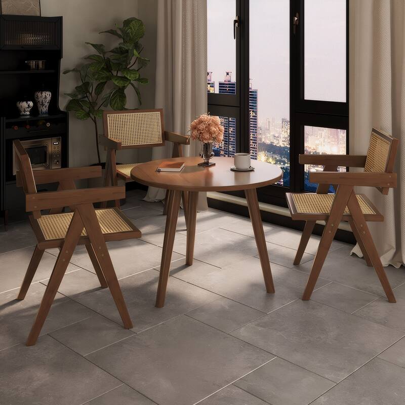 Mid-Century Accent Chairs with Rattan Back & Arms (Set of 2)