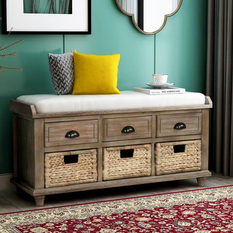 Global Pronex Rustic Storage Bench with 3 Drawers, Removable Cushion and 3 Rattan Baskets, Shoe Bench for Living Room, Entryway