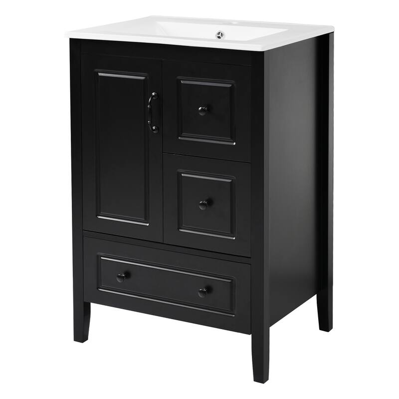 24 inch Bathroom Vanity with Sink, One Cabinet with Soft-closing Door, 3 Soft-closing Drawers, Retro Metal Handles