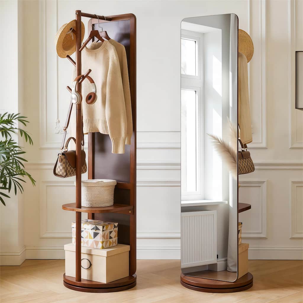 70"x19"Full Length Mirror with Stand,Coat Rack with Mirror,Solid Wood Floor Mirror,Swivel Mirrorfor Bedroom, Living Room