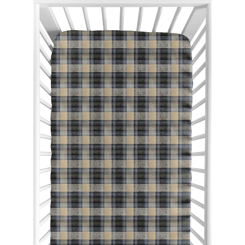 Sweet Jojo Designs Blue and Tan Woodland Plaid Flannel Rustic Patch Collection Fitted Crib Sheet