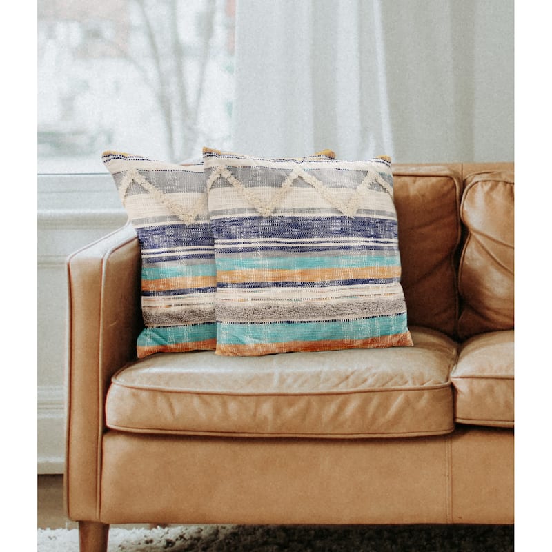 Sevita Destin Blue/Multi Striped Overtufted Cotton Throw Pillow, Set of 2