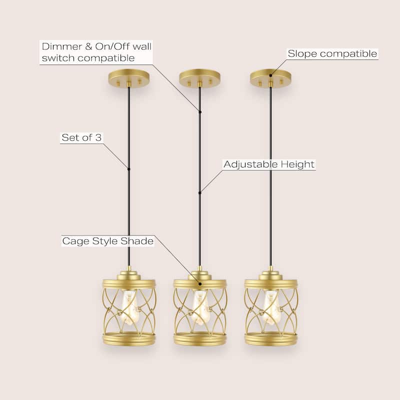 Helisa 6.5" 1-Light Farmhouse Industrial Iron Filigree Caged Jar LED Pendant, (Set of 3) by JONATHAN Y