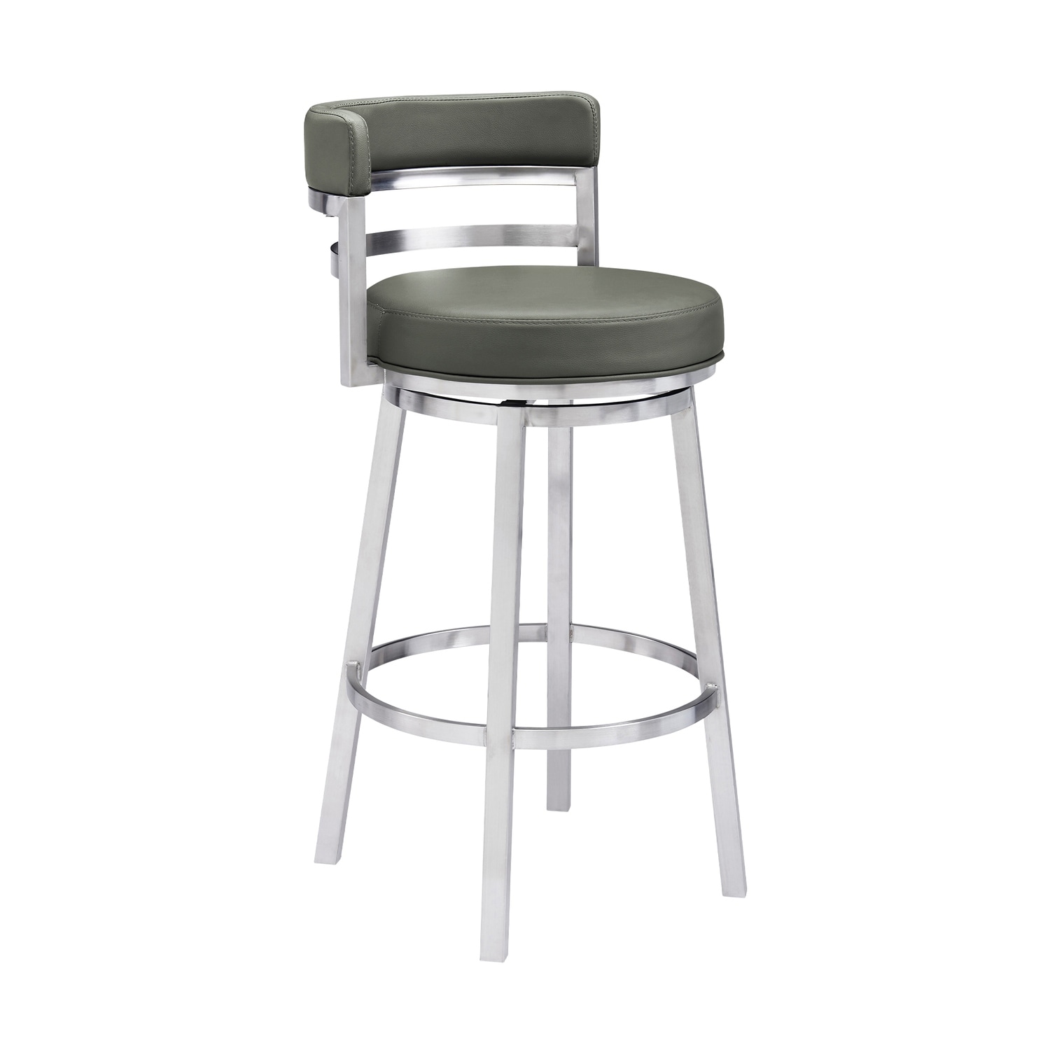 26 Inch Counter Height Bar Stool with Grey Faux Leather Seat and Brushed Stainless Steel Base for Modern Kitchens