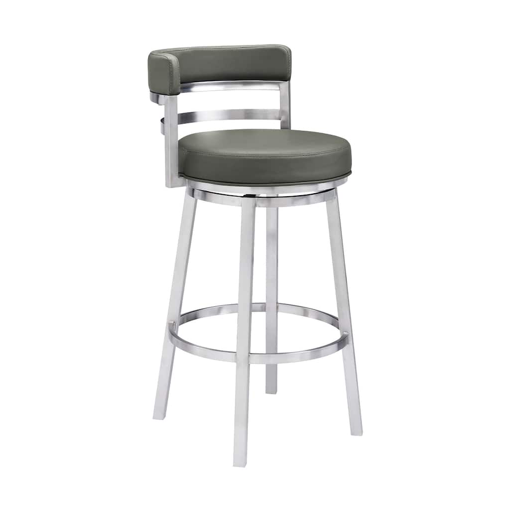 26 Inch Counter Height Bar Stool with Grey Faux Leather Seat and Brushed Stainless Steel Base for Modern Kitchens