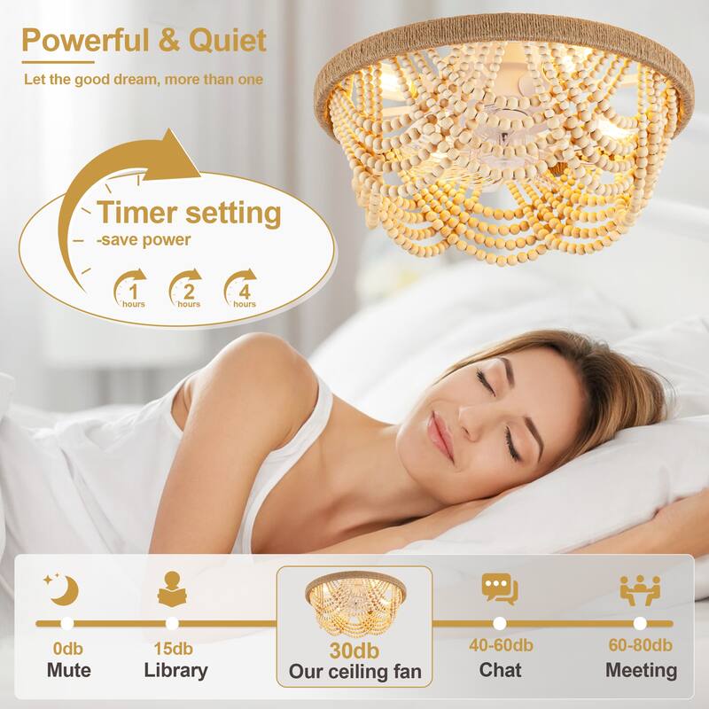 Cusp Barn 20" Boho Caged Ceiling Fan with Light and Remote, Flush Mount Low Profile Fandelier, Famhouse Wood Beaded Ceiling Fan