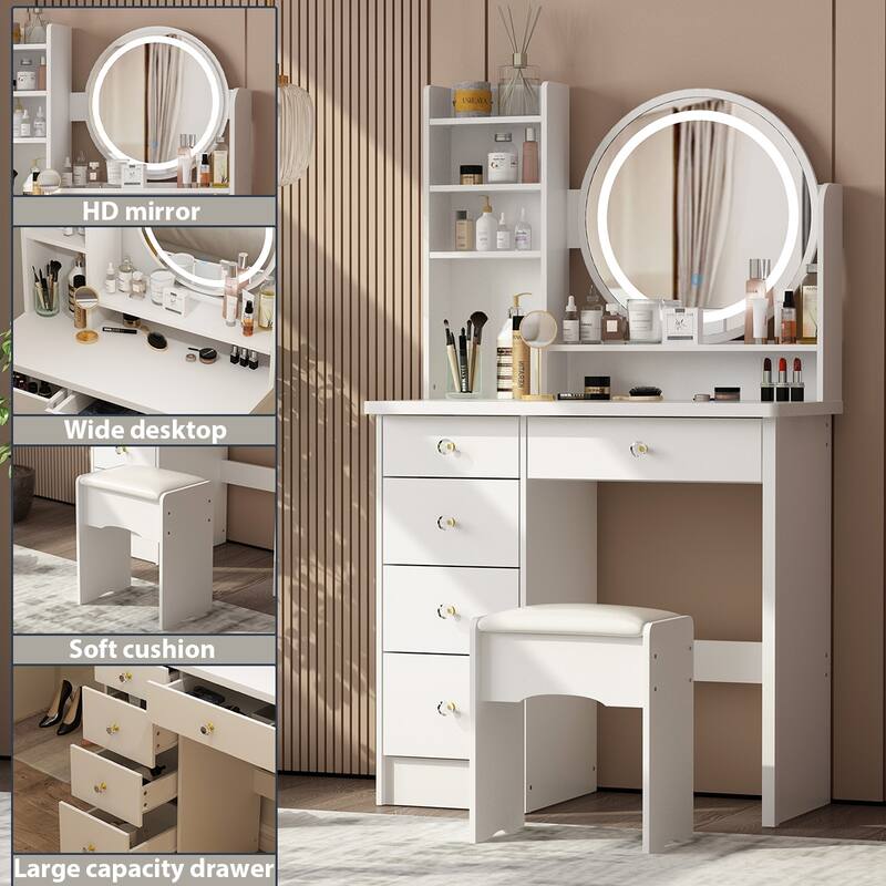 Timechee 31.5" Wide Makeup Vanity Set with Stool, Mirror,3 Color Light - 31.5"W