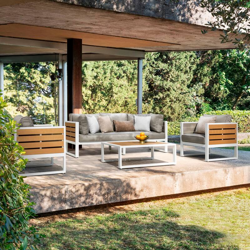 Outdoor Three-seat Sofa with Cushion and Pillows, Aluminum, Imitation Wood