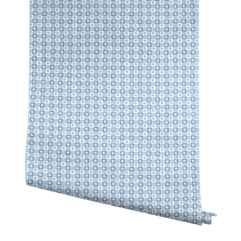 Rifle Paper Co. Daisy Gingham Blue Floral Check Premium Peel + Stick Wallpaper