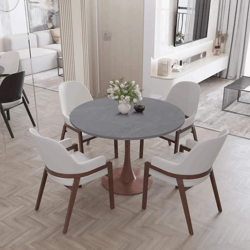Bristol 36" Round Dining Table with Marbled Grey Sintered Stone Top and Steel Pedestal Base
