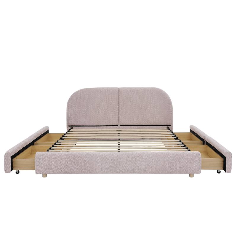 Fabric Upholstered Platform Bed Frame with Curved Headboard/4 Built-in Wheeled Storage Drawers/Sturdy Legs Support/Easy Assembly