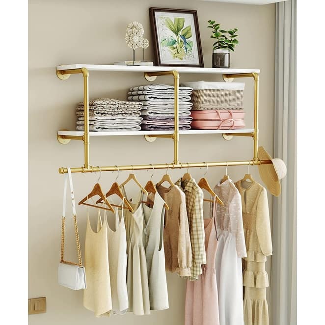 Wall Mounted Clothes Rack - 10"D x 52.4"W x 20.5"H - Gold-52'L