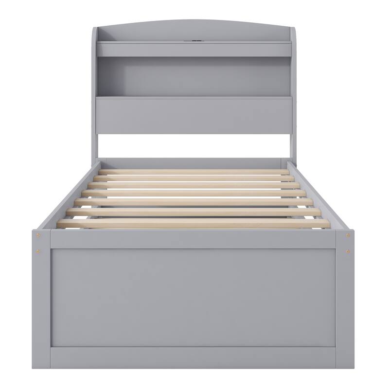 Twin XL Platform Bed with Storage, LED Headboard, Charging Station, Trundle, and Drawers, Gray