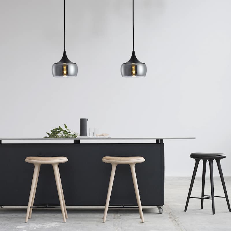 Matte Black 1-Light Dome Pendant Light with Smoke Grey Glass Shade