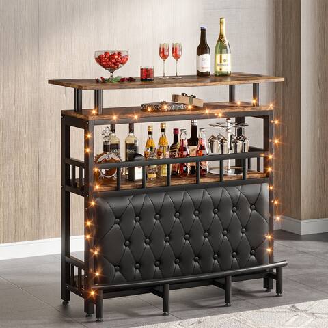 Bar Unit Bar Counter Table for Home Liquor with Front Upholstered Storage Shelf Metal Front Footrest for Home Basement