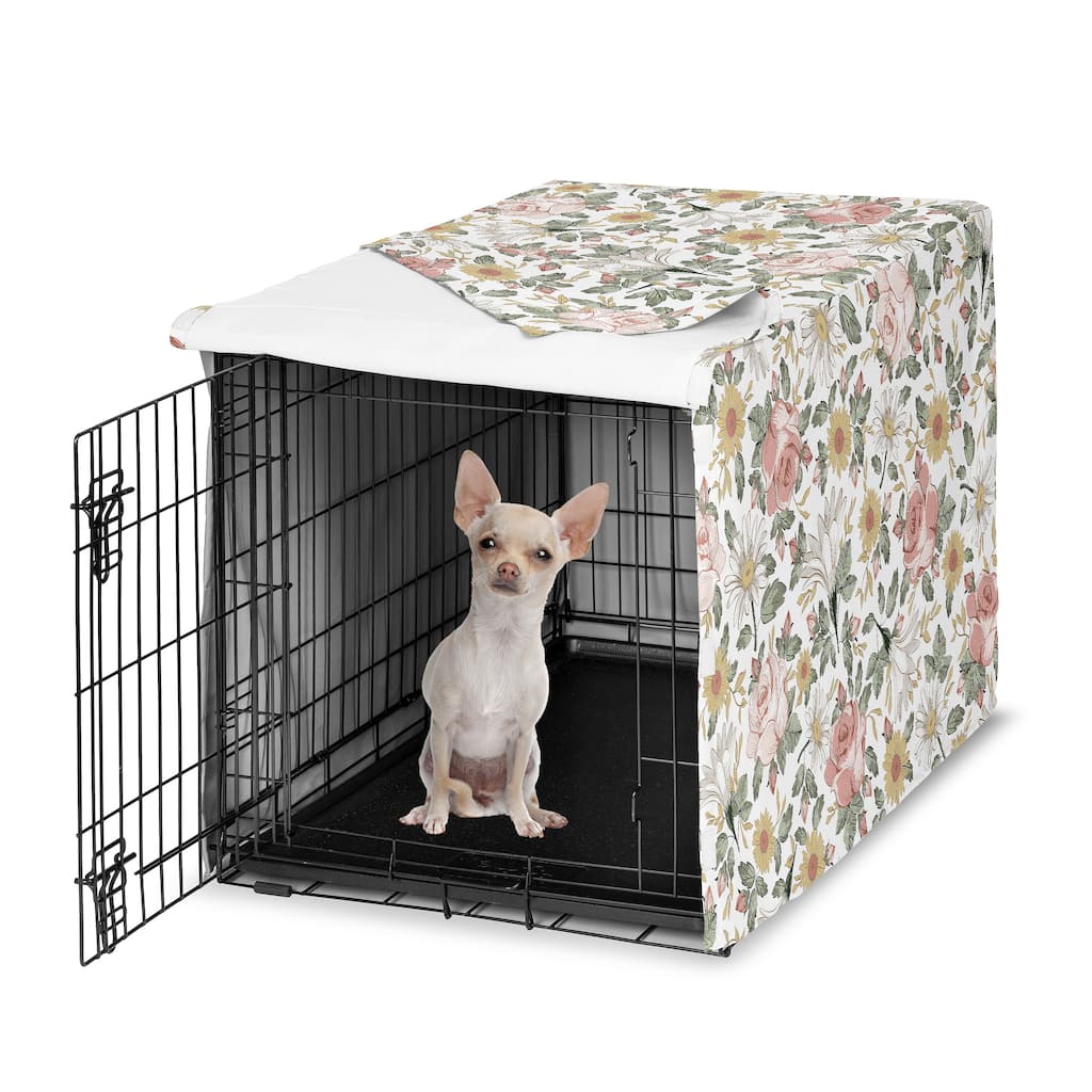 Sweet Jojo Designs Vintage Floral Boho Girl Dog Crate Kennel Cover 24in. - Blush Pink Yellow and Green Bohemian Shabby Chic Rose