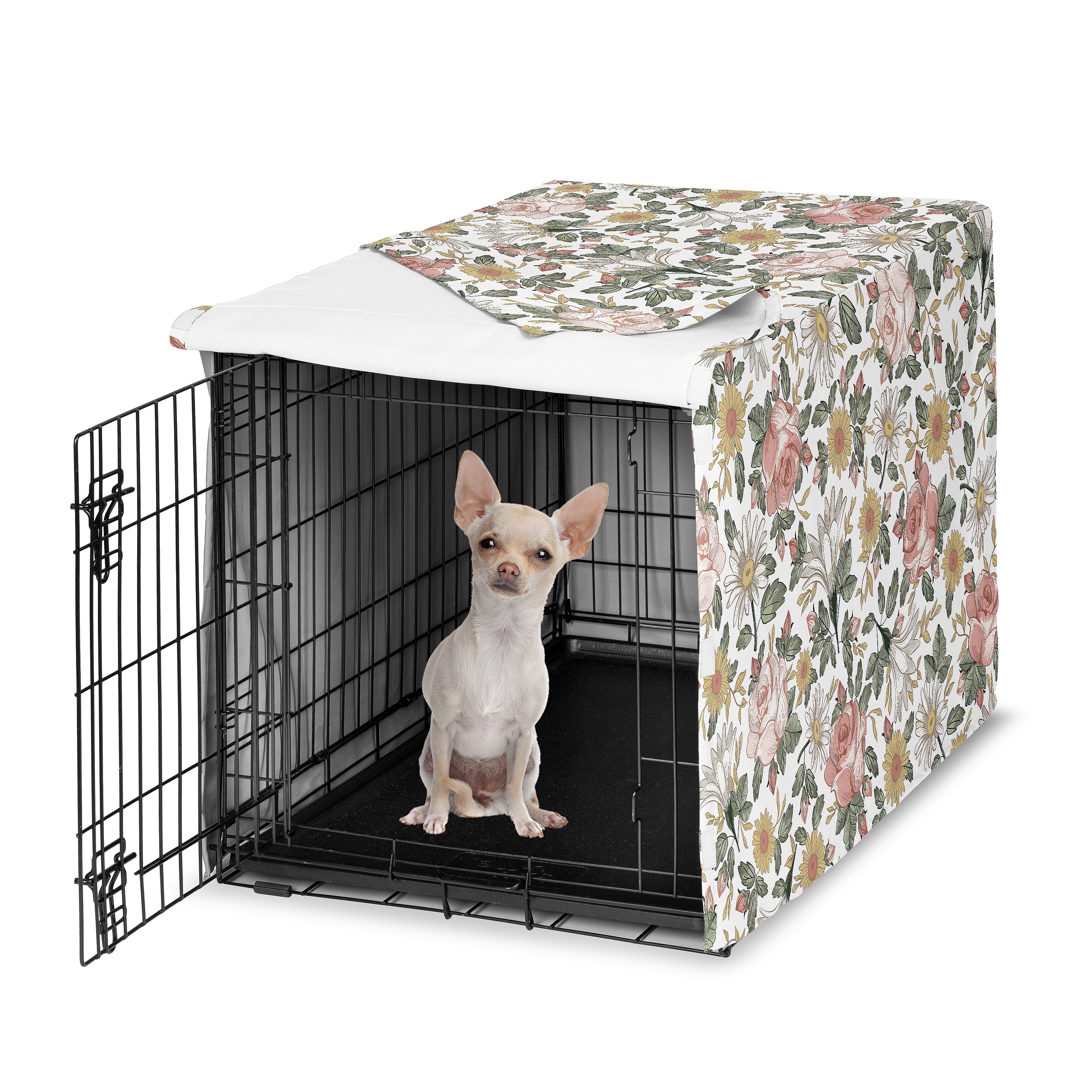 Sweet Jojo Designs Vintage Floral Boho Girl Dog Crate Kennel Cover 24in. - Blush Pink Yellow and Green Bohemian Shabby Chic Rose