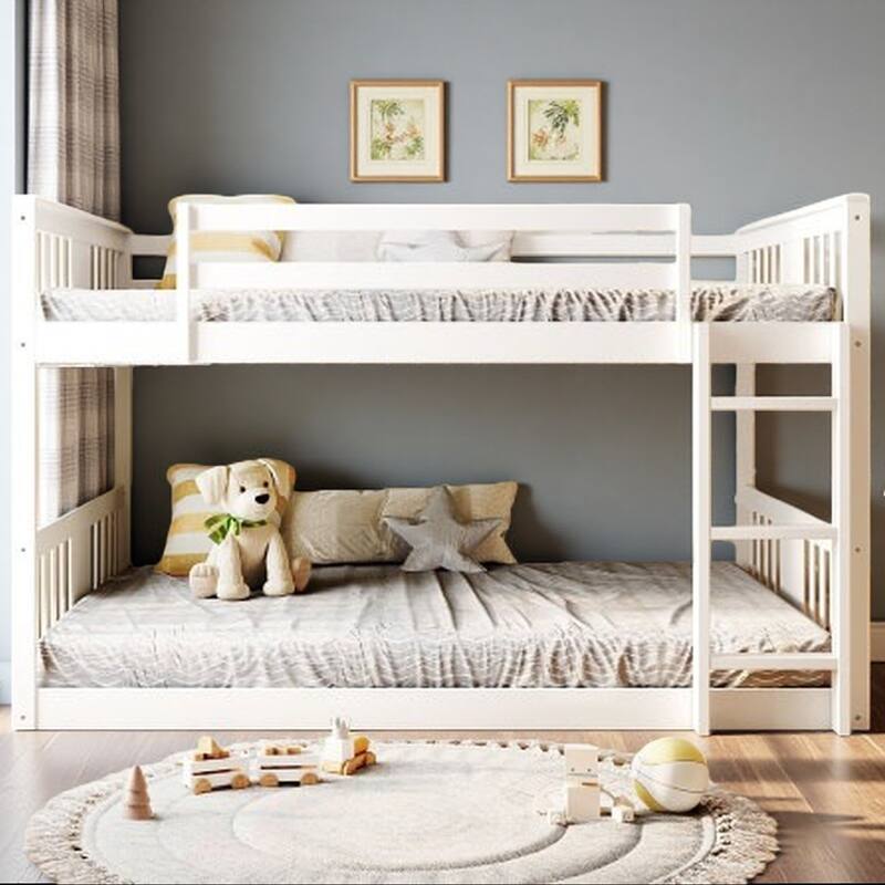 Full Size Solid Pine Bunk Bed with Guardrails and Ladder, Box Spring Not Required - White