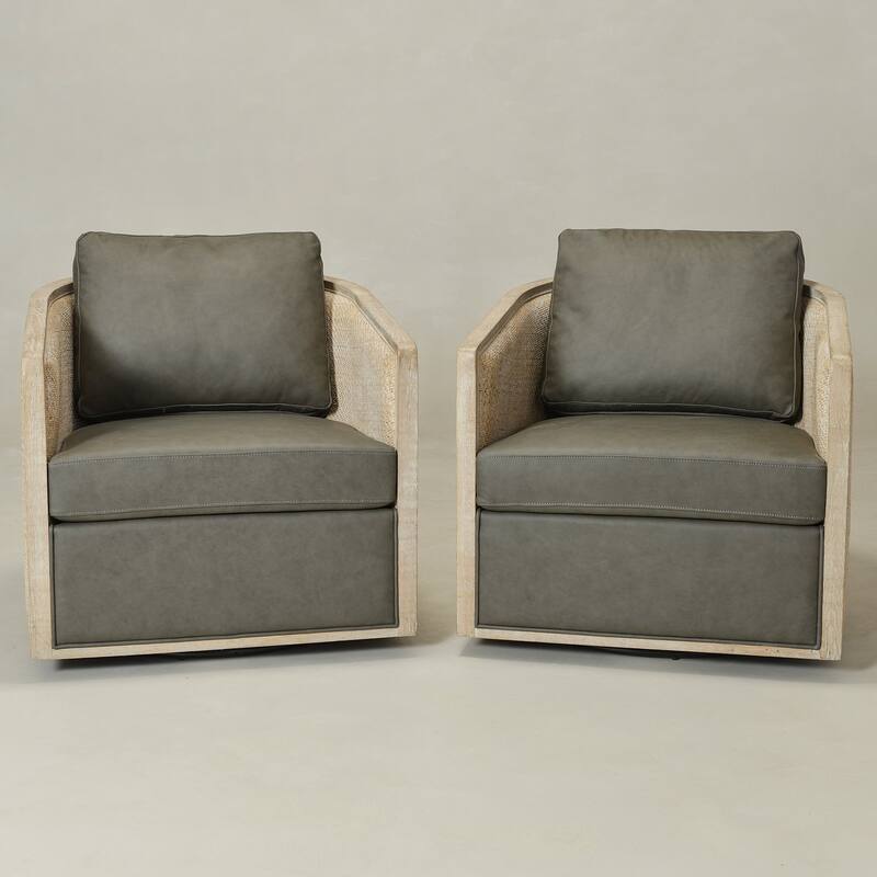 KINWELL 31"W Oak Frame Upholstered Swivel Barrel Armchair