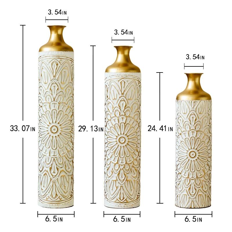 Droplet Shaped Metal Vase 3-Piece Set White Glazed Finish Modern Floor Decor